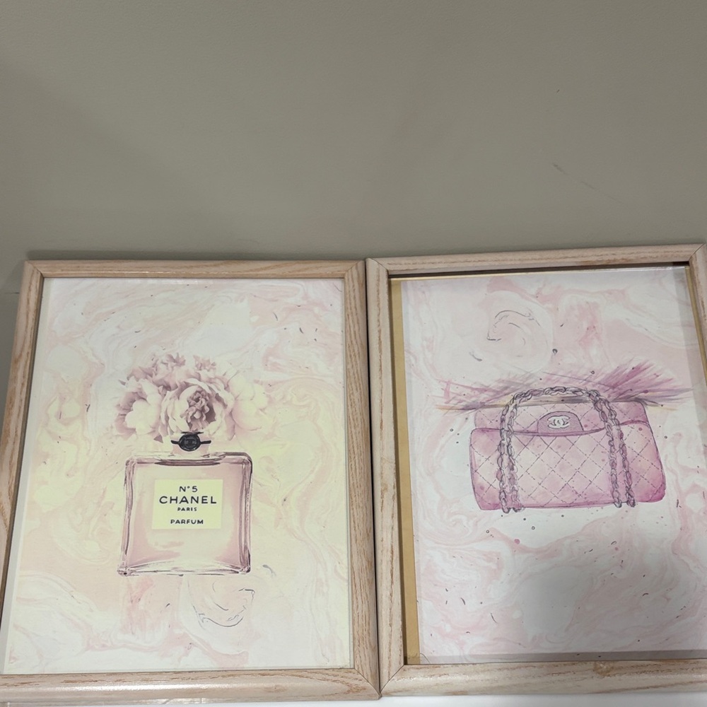 CHANEL Art Prints in Pink and Cream- set of two frames brand new !